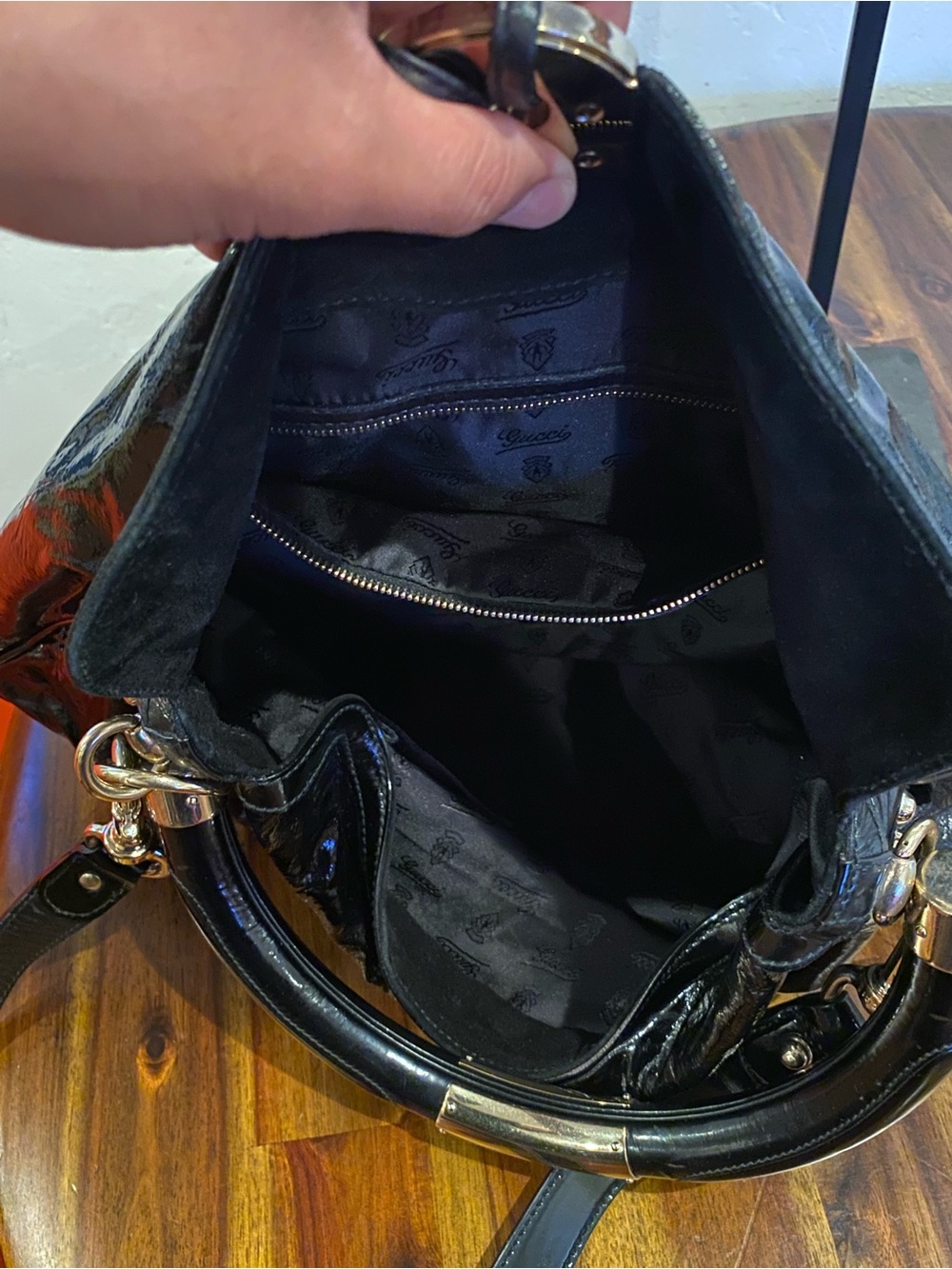 Gucci Indy Black Patent Leather Hobo with Gold-Tone Hardware and Tassel - Picture 5 of 12